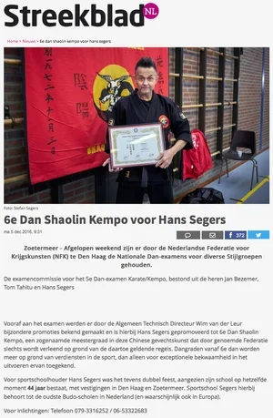 Krantenartikel 2016 - 6e Dan Shaolin Kempo voor Hans Segers